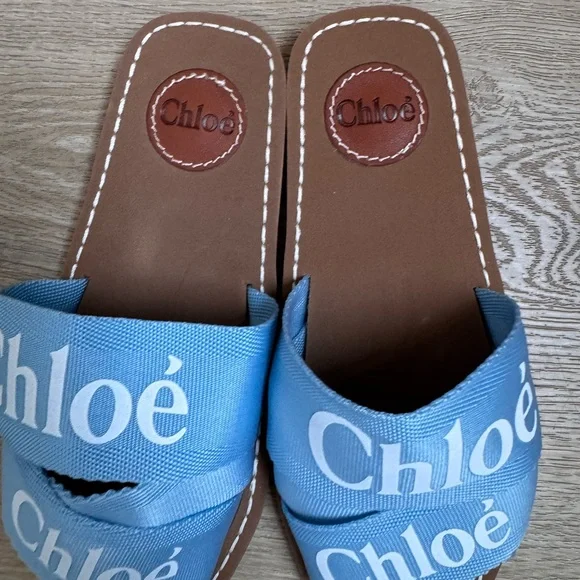 Woody Flat Logo Ribbon Slide Sandals Blue and White Size 38 (women’s 7) - Picture 3 of 4